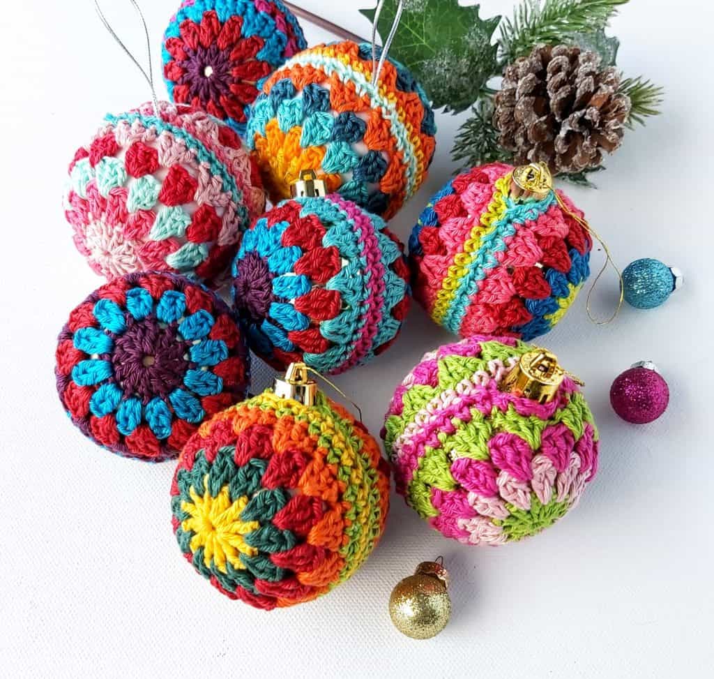 christmas baubles crocheted with fir cones