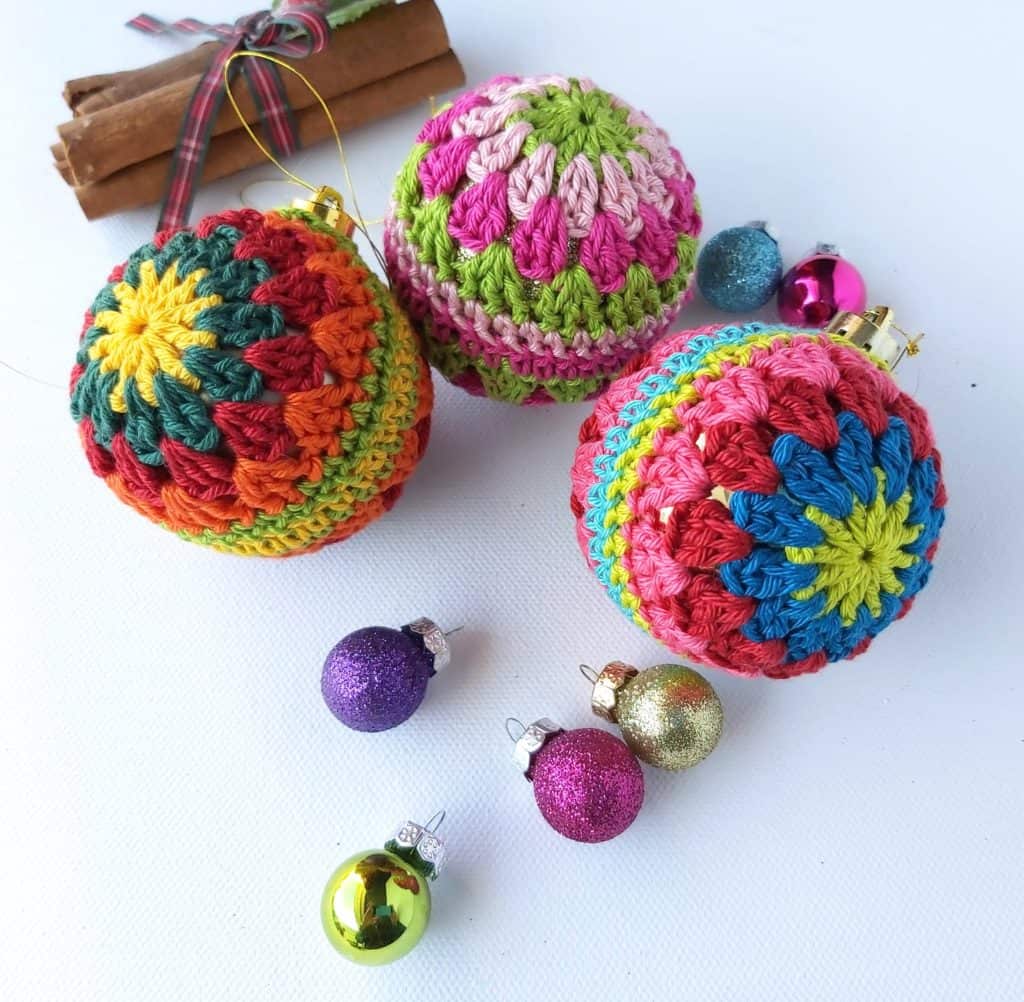 granny crochet baubles in festive colors