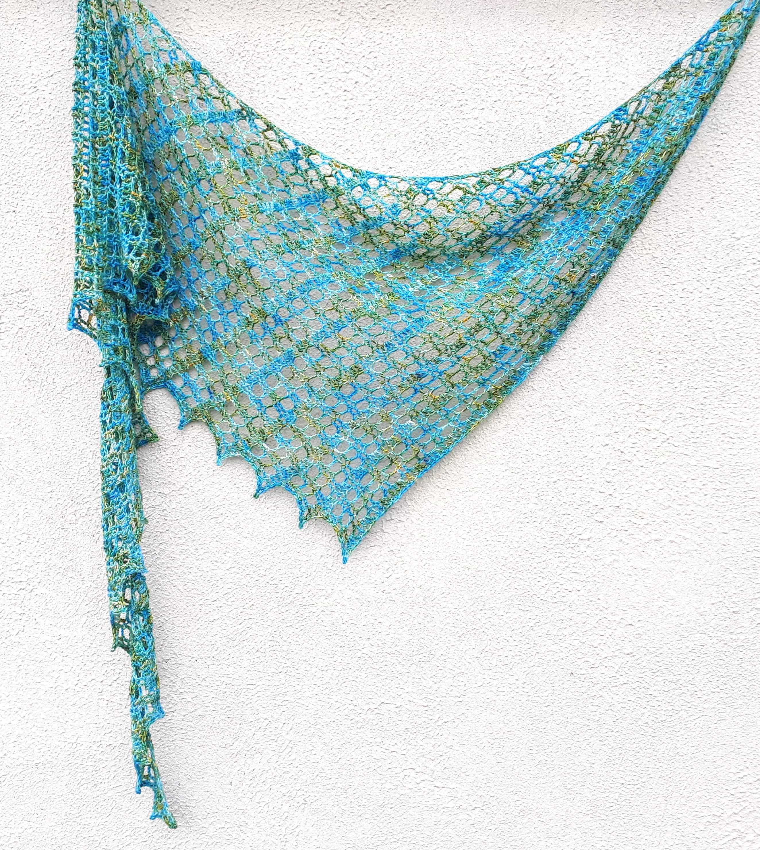 blue and green lace crochet shawl