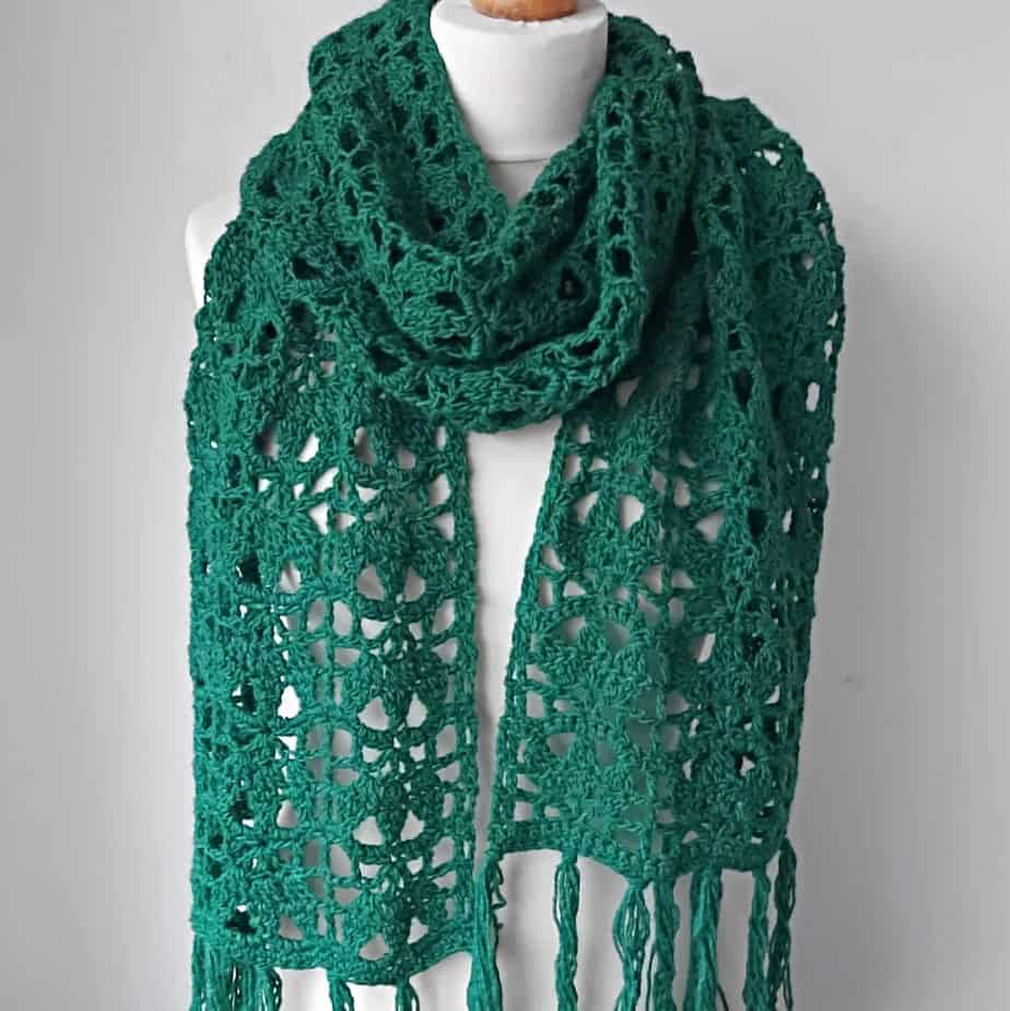 green lace crochet scarf with fringe