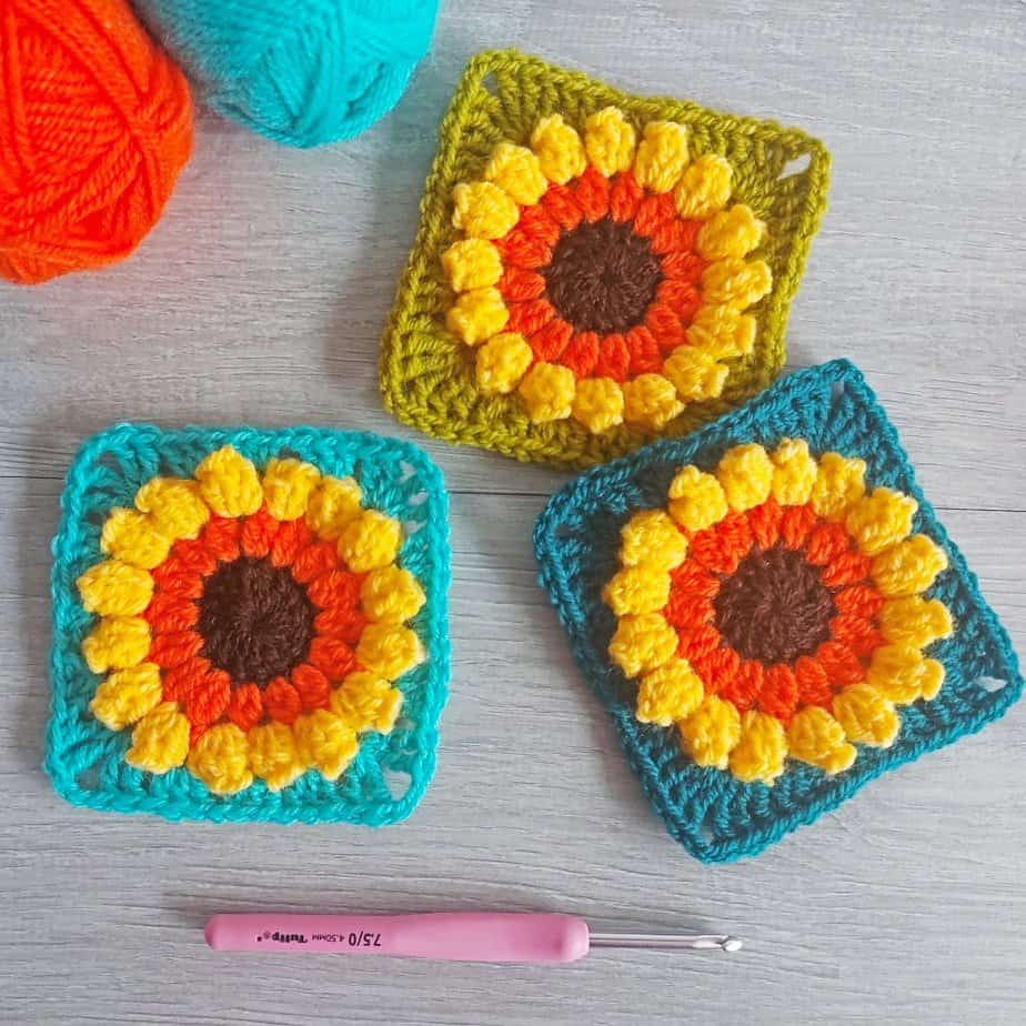 crochet sunflower squares and crochet hook