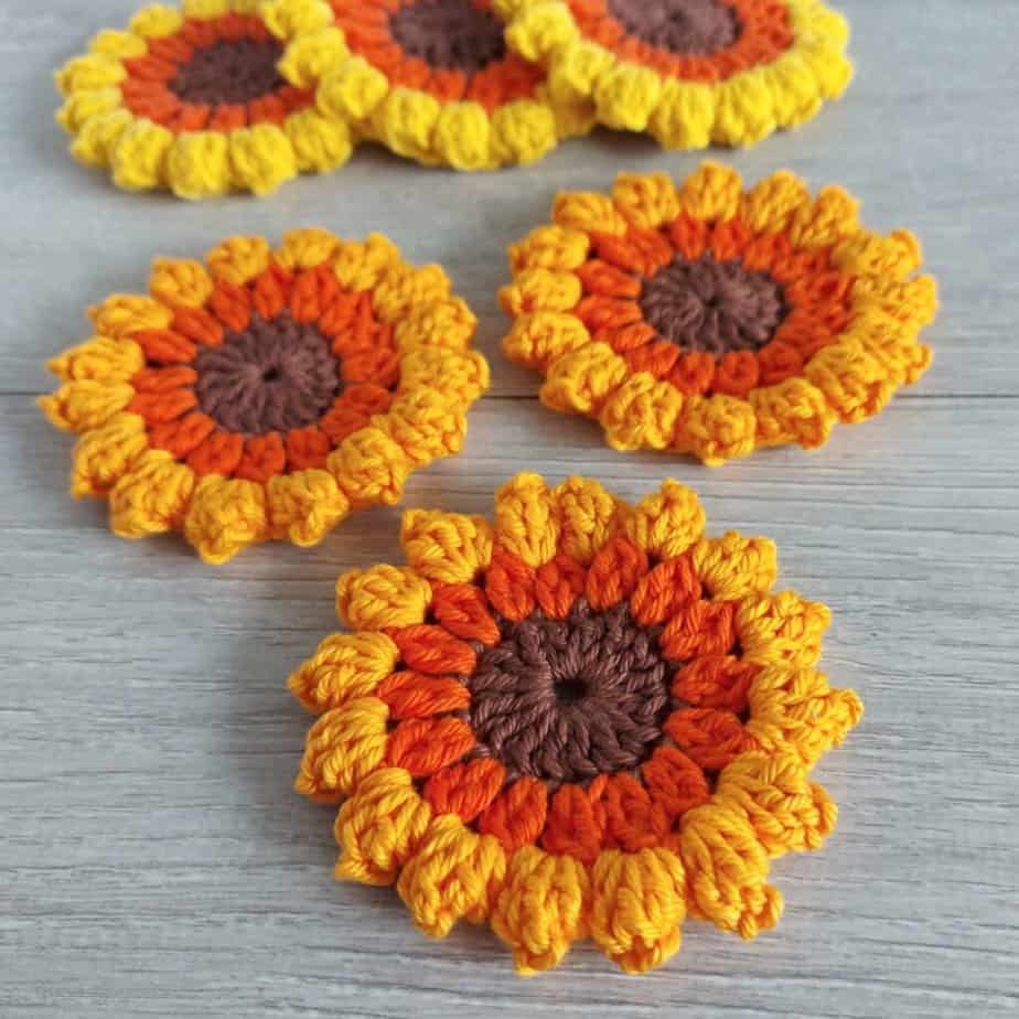 crochet sunflowers in yellow and gold