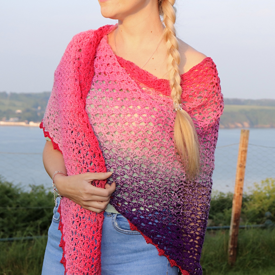 pink and purple crochet shawl