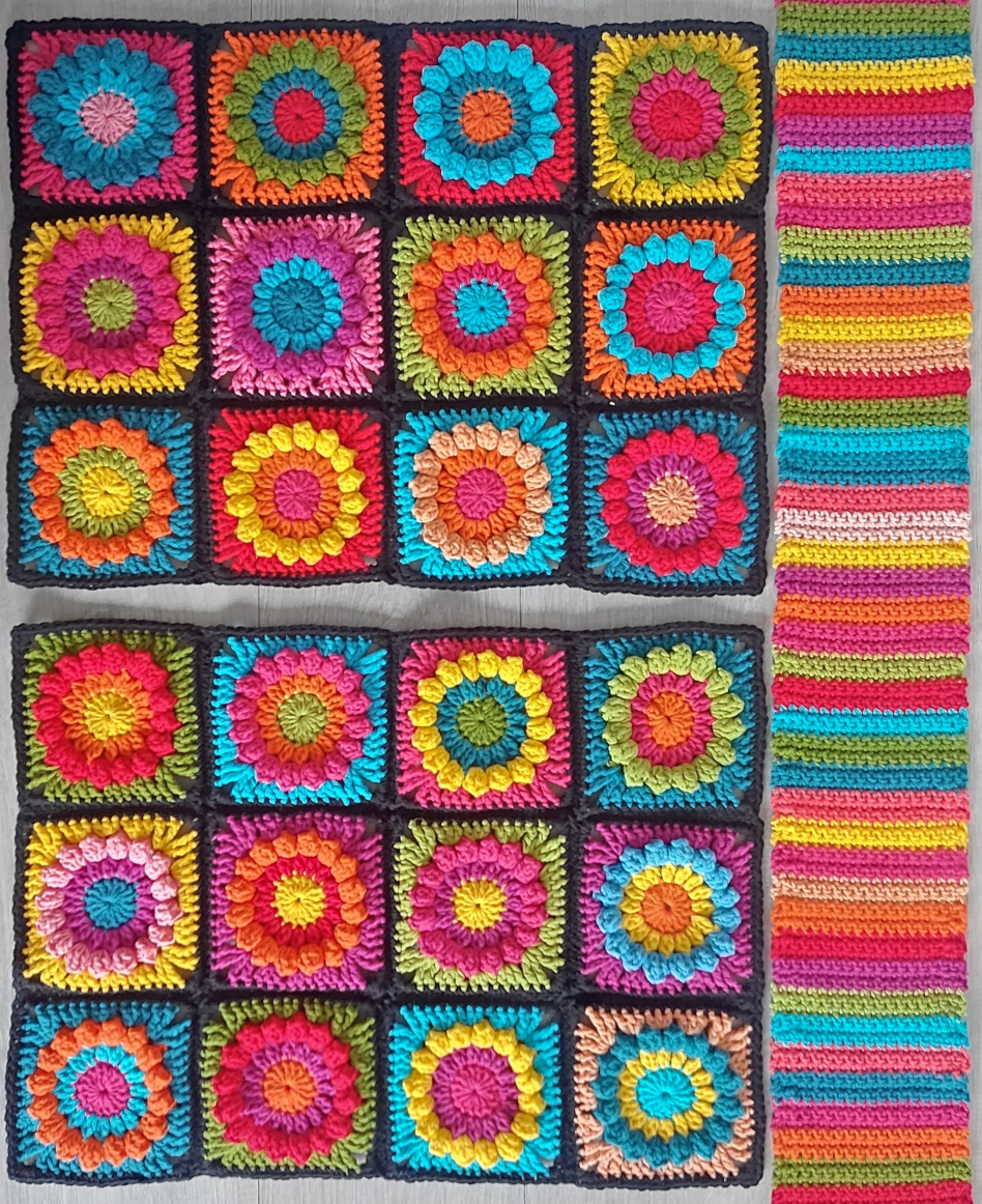 crochet sunflower granny squares and a long strip with many colors