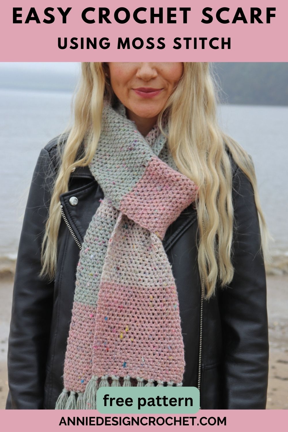 pink crochet scarf in moss stitch