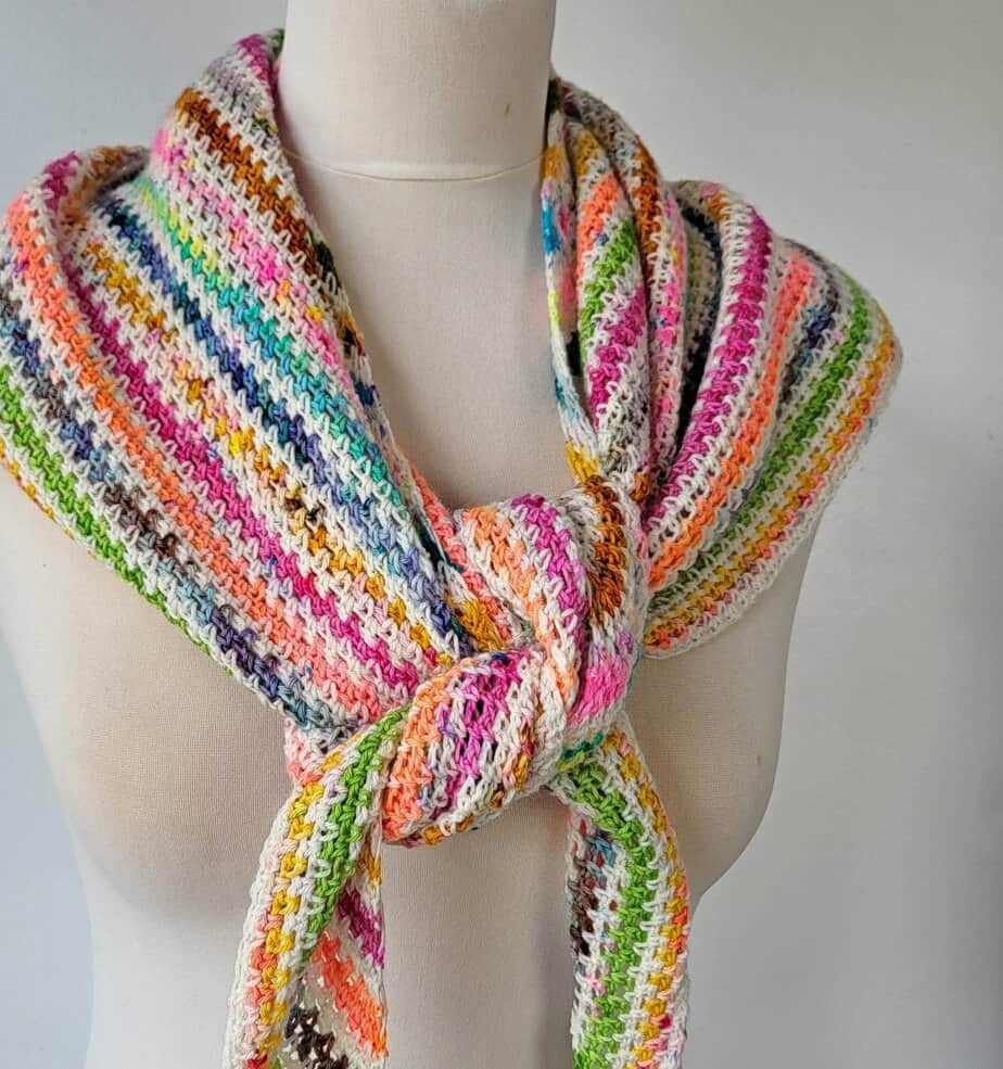 Speckled Scrappy Shawl - a moss stitch crochet shawl, tied at the front