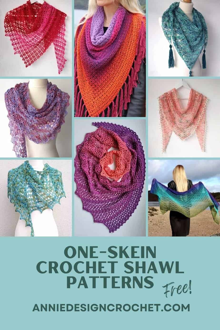 One Skein Crochet Shawl Patterns - collage image featuring 8 of 19+ designs
