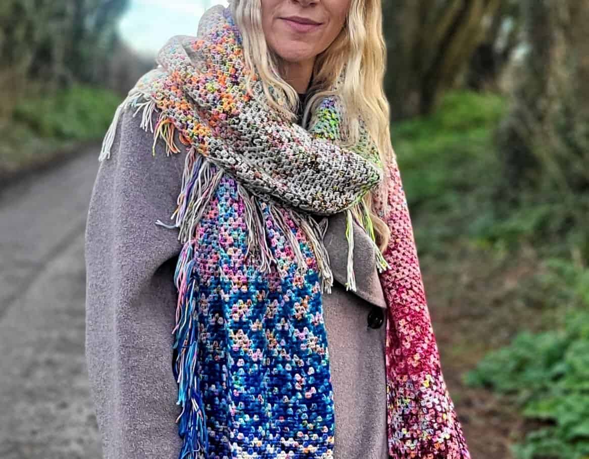 Aora - linen stitch crochet shawl with mini skeins - shown wrapped loosely around the neck