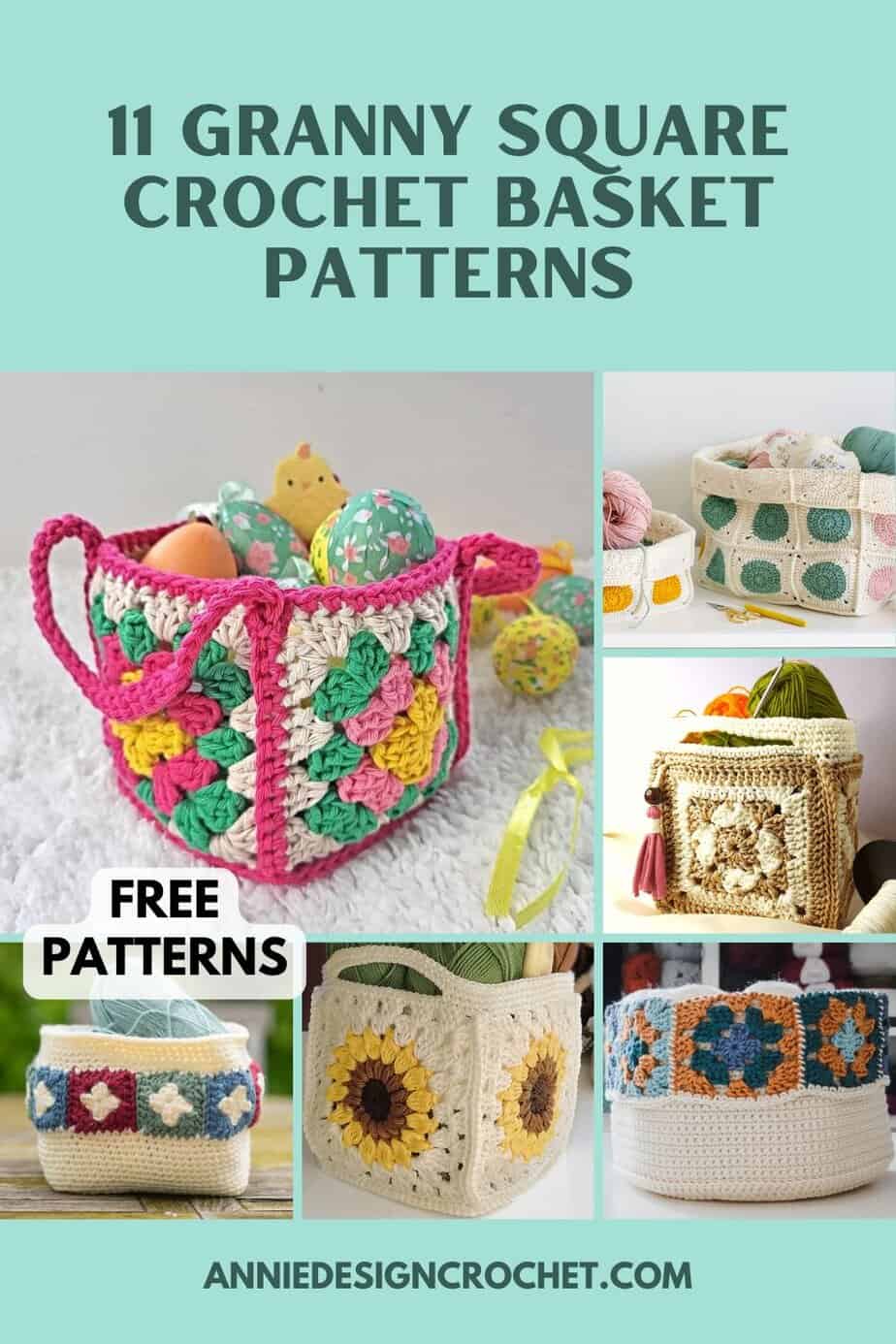 collage image displaying 6 of 10 featured granny square crochet basket patterns