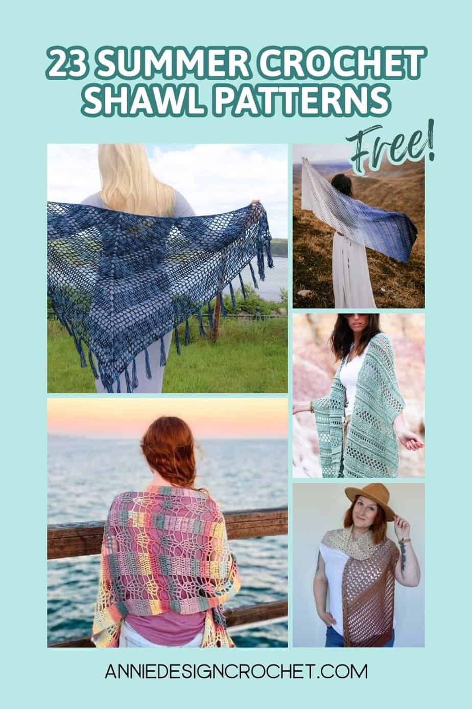 Collage image showing 5 of 23 featured free crochet summer shawl patterns