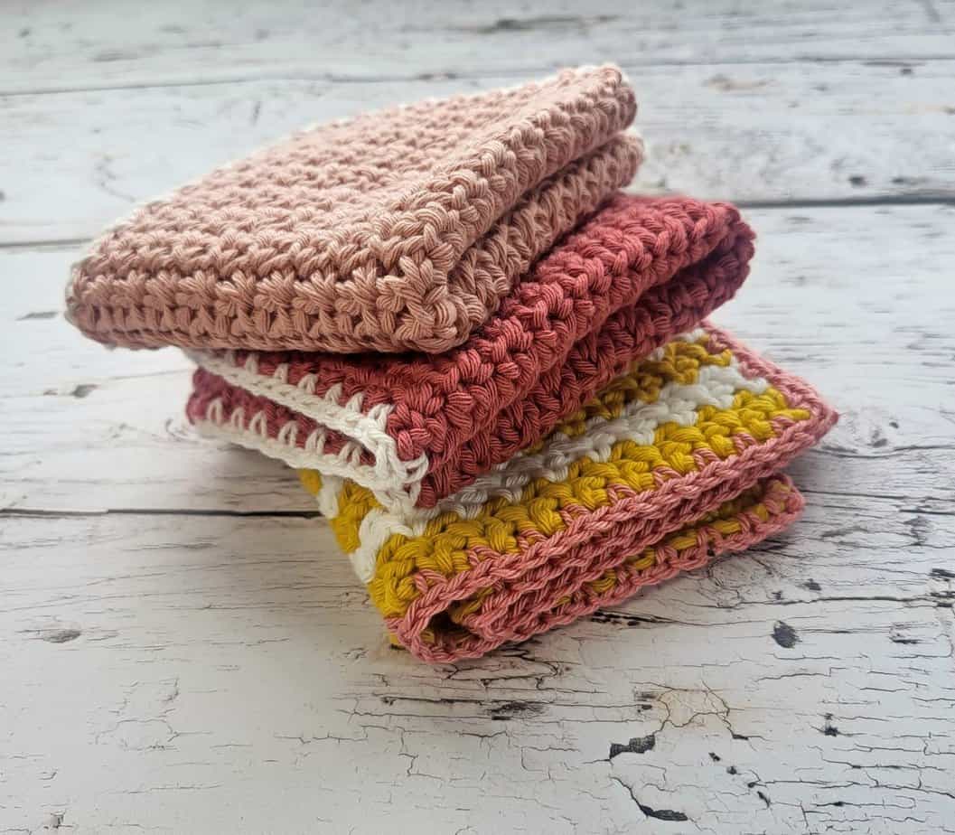 3 crochet cotton washcloths folded