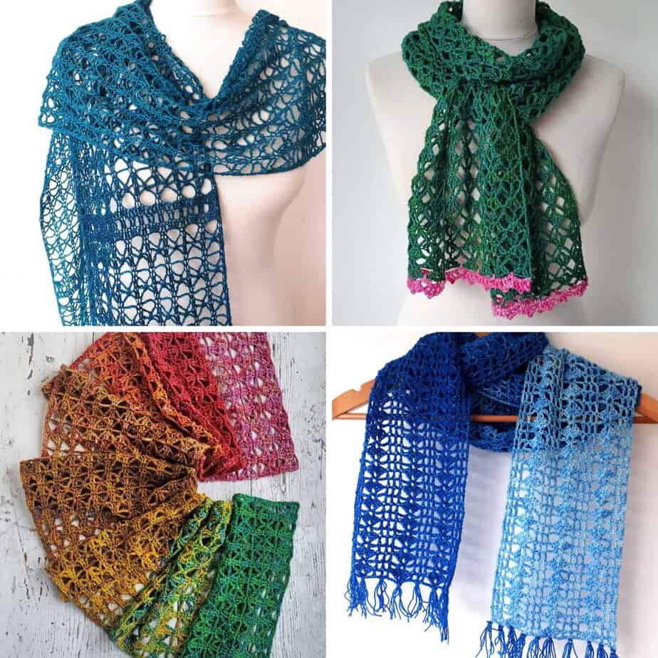 Collage image showing 4 of 16 featured crochet lace scarves