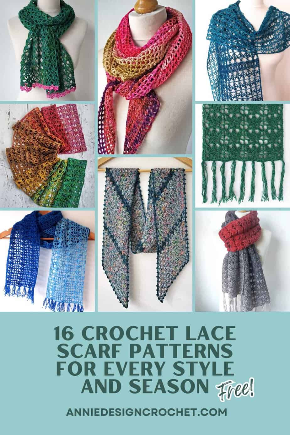 Collage Pin image showing 8 of 16 featured crochet lace scarves