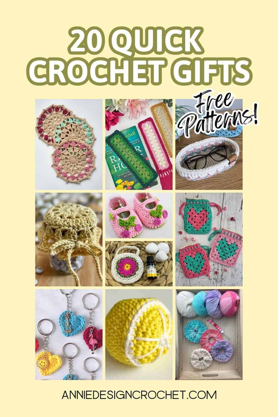 Collage image showing 10 of 20 featured patterns for crochet gifts