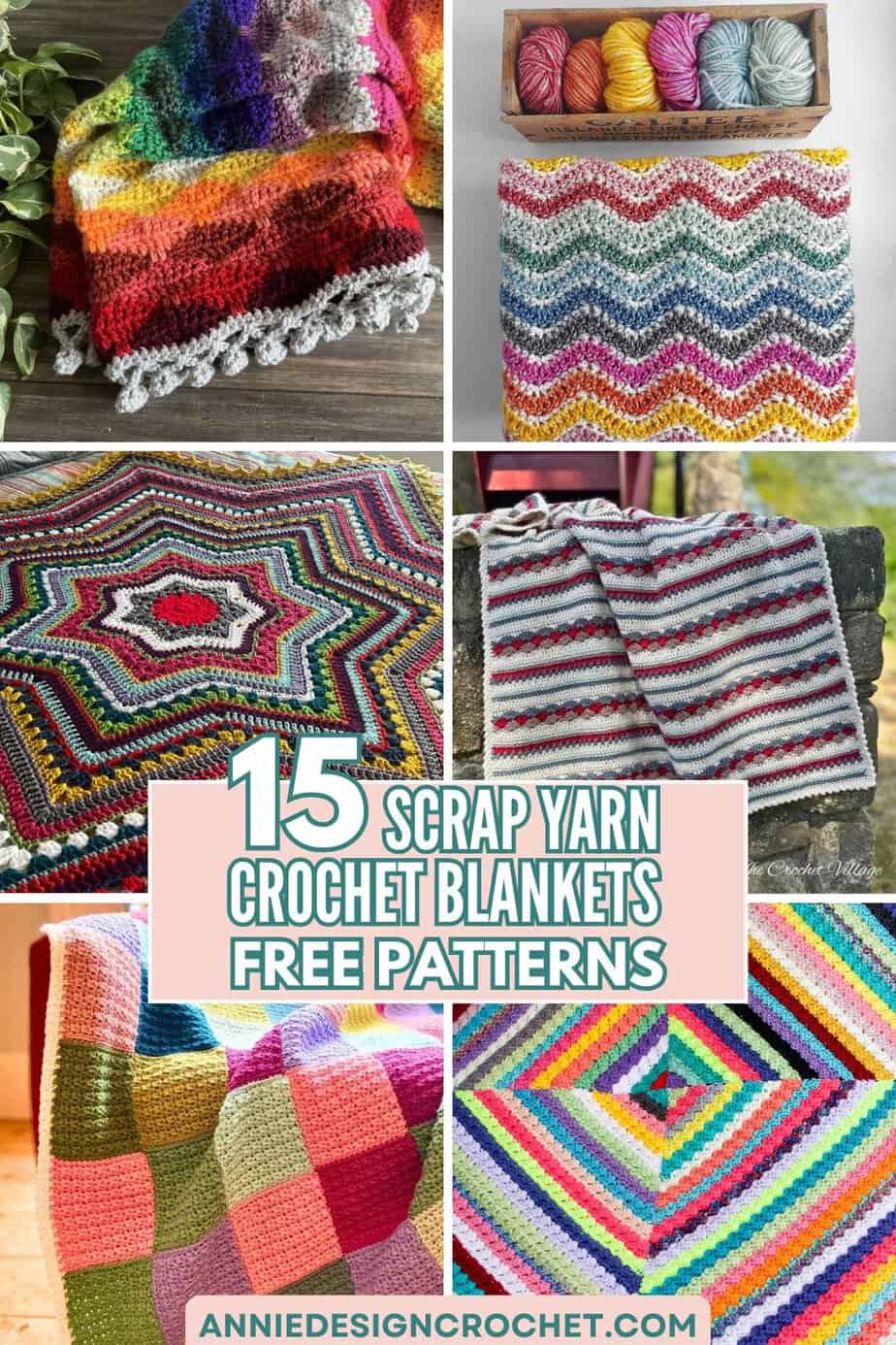 Collage image showing 6 of 15 featured scrap yarn crochet blanket patterns - Pin it on Pinterest!