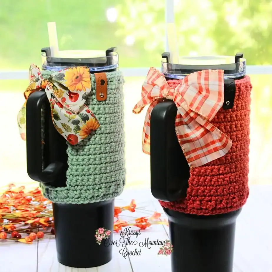 Tumbler Wraps with fabric bows by Krissy's Over the Mountain Crochet