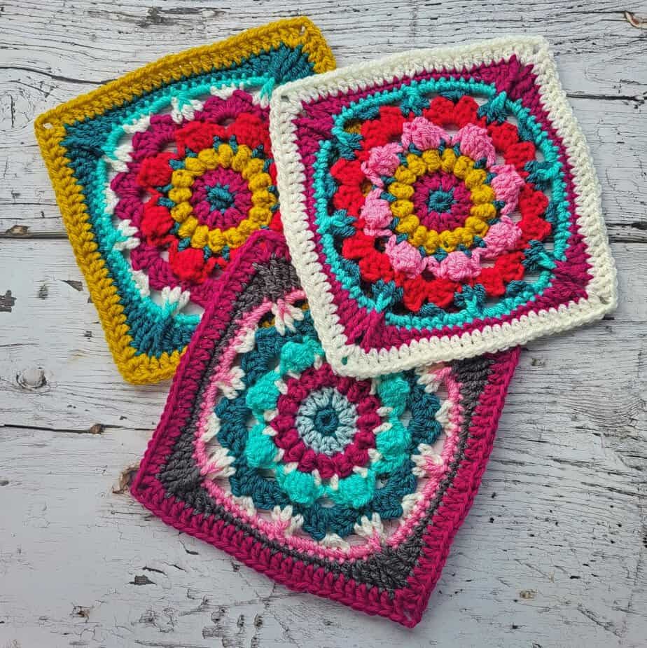 3 granny squares with textured stitches