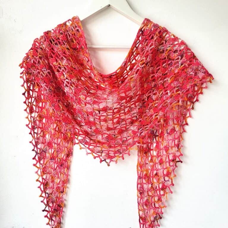 one skein crochet shawl in red pink tones