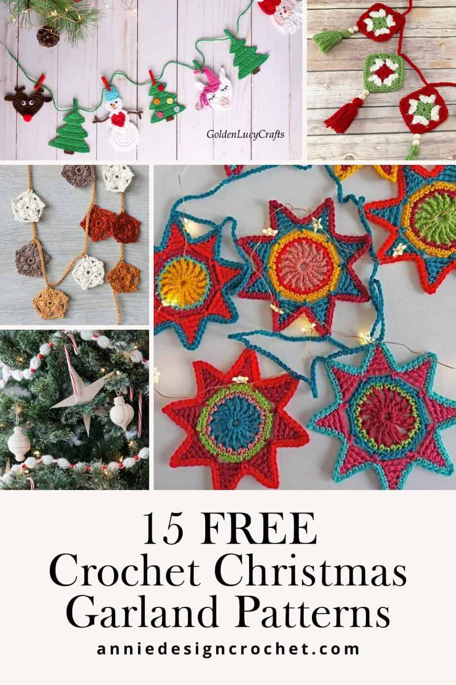 Pin this collection of crochet Christmas garland patterns on Pinterest - collage image shows 5 of 18 featured patterns