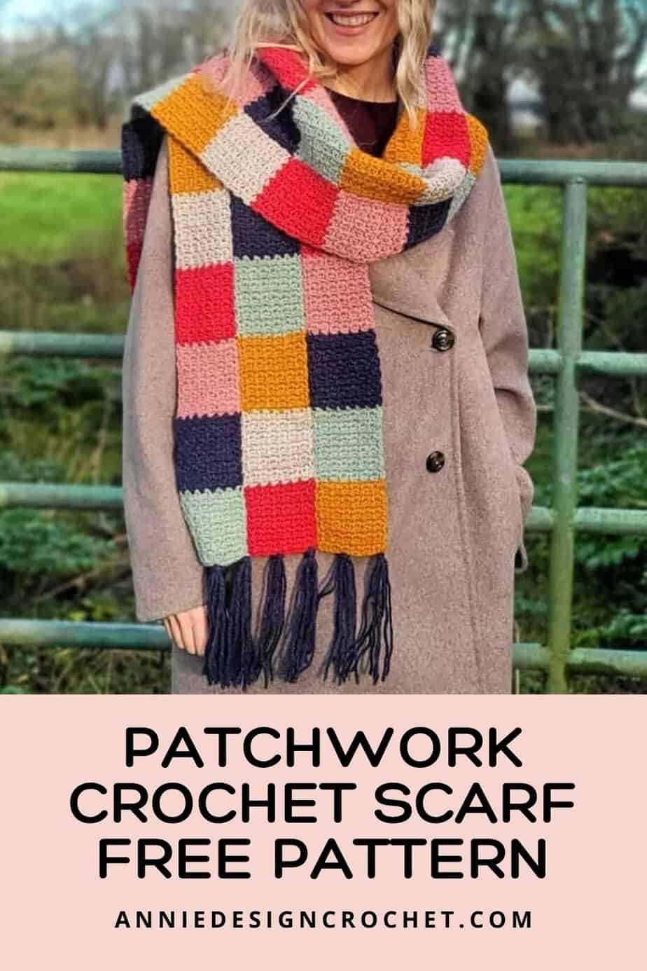Pin the Patchwork crochet scarf pattern on Pinterest