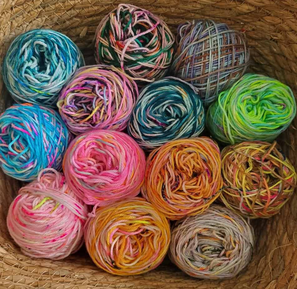 basket of yarn scraps in many colors
