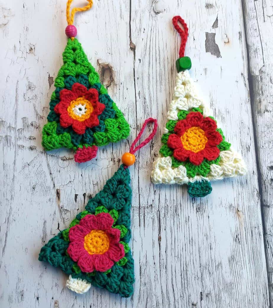 3 crochet flower Christmas tree ornaments in different colors