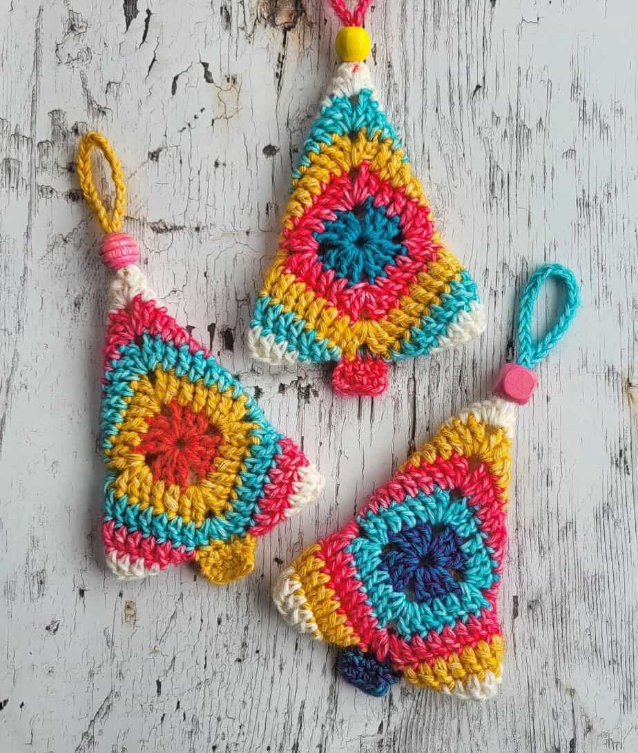 Three granny square Christmas trees in different colors