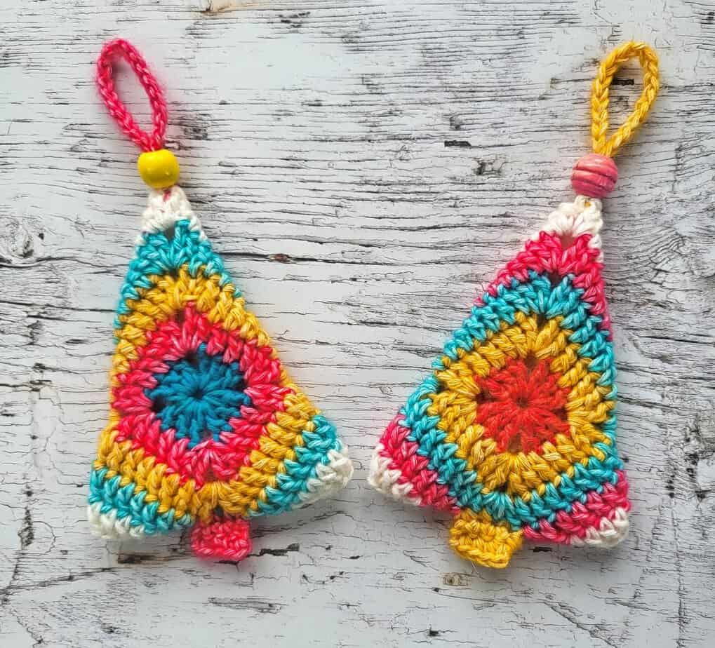Two colorful crochet Christmas tree ornaments